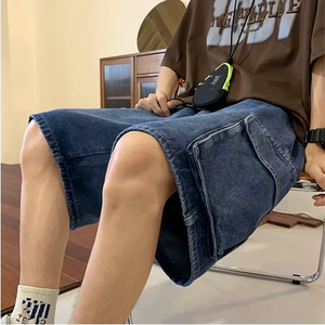 Shorts cargo en denim délavé pour homme, taille mi-haute, fermeture élastique, style décontracté avec poches, tissu en toile 100% coton - Product Image 6
