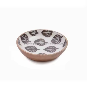 Cuenco de madera para servir con diseño de hoja, estampado de esmalte, forma redonda, para vajilla, aperitivos y frutas secas, cuenco para servir hecho a mano - Product Image 1