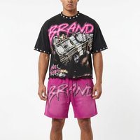 Ensemble T-shirt et short personnalisé avec impression sérigraphique et strass, effet délavé soleil, design très tendance, 100% coton, pour unisexe