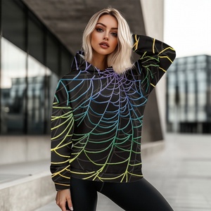 Sweat-shirt à capuche pour femme, imprimé toile d'araignée arc-en-ciel, manches longues, tricoté en polyester, vêtements décontractés d'automne - Product Image 2