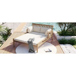 TREXM divano letto esterno per Patio a bordo piscina cortile a quattro federe in legno curvo braccioli luce Teak Beige cuscino Set da giardino - Product Image 6