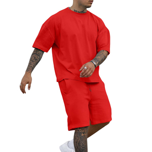 Men's Red Solid Color V-neck Plus Size Heat-Transfer Printed T-Shirt and Shorts <b>Set</b> Casual Summer <b>Knitted</b> Cotton 2-Piece Outfit - Product Image 1