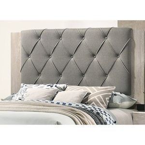 Letto matrimoniale contemporaneo con finitura crema e testiera trapuntata grigia, 1 letto con struttura in legno di gomma, mobili per camera da letto - Product Image 5