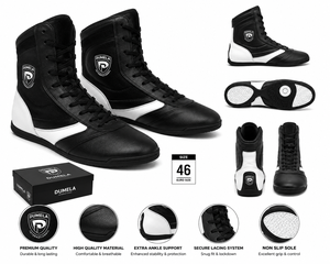 Dumela Boxing <b>Boots</b> <b>Black</b> White Leather High Top Training Shoes Durable All Seasons - Product Image 2