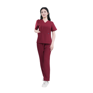 Women's Maroon <b>Scrub</b> Set V-Neck Short Sleeve Hospital Uniform Woven poly rayon Pants Included - Product Image 1