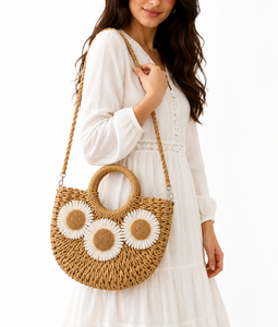 Bolso de Playa de Rafia Tejido a Mano de Lujo Personalizado con Diseño de Girasol y Margarita, Bolso de Hombro Cruzado de Media Luna con Correa para Mujer, Regalo de Verano - Product Image 2