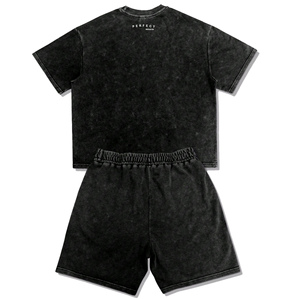 2026 Hot Sale Summer Street Wear Rhinestone Front Men's Solid 100% Cotton Two-Piece Vintage <b>Distressed</b> Wash Boxy T-Shirt Sets - Product Image 5