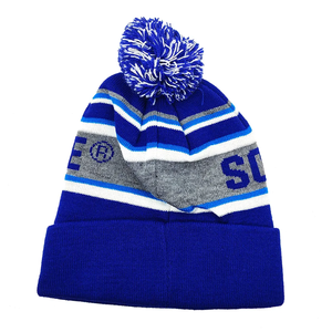 Bonnet rayé bleu avec pompon, unisexe, hiver, taille adulte 56-58 cm, tricoté à la machine, acrylique, style décontracté - Product Image 2