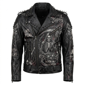 <b>Mens</b> Grim <b>Reaper</b> Skull Graphic Distressed Leather Jacket Heavy Metal Punk Spiked Chains Biker Coat Custom Wholesale - Product Image 1
