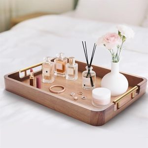 Wooden Decorative Tray Rectangular Serving Platter with Metal Handles for <b>Vanity</b> Bedroom Hotel - Product Image 1