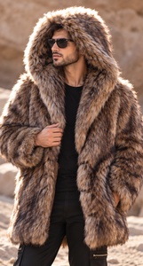 <b>Men's</b> Faux Fox Fur Parka Hooded Overcoat Thick Winter <b>Coat</b> Regular Fit Single Button Solid Color Outerwear - Product Image 5