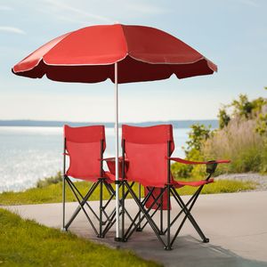 Sedia Pieghevole Portatile da Esterno a 2 Posti con Ombrellone Rosso Rimovibile in Materiale Oxford per Campeggio, Pesca o Uso in Spiaggia - Product Image 2