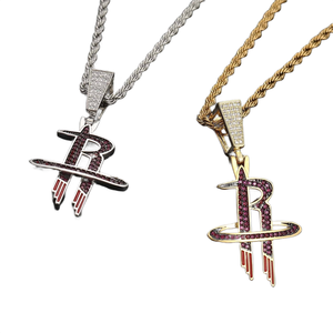 Best Price <b>Silver</b> Plated Houston Rockets Pendant With Ruby Rhinestones Micro Pave Iced Out Hip Hop Jewelry Unisex Letter R <b>Charm</b> - Product Image 5