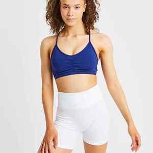 Women's Blue <b>White</b> <b>2</b> <b>Piece</b> Sports <b>Set</b> Halter Crop Top High Waist Shorts Solid Color Knitted Breathable Summer Wear - Product Image 1