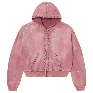 Sudadera con capucha y cremallera para mujer, estilo vintage, con pedrería y detalles de tachuelas, lavada y personalizable – Chaqueta streetwear corta - Product Image 3