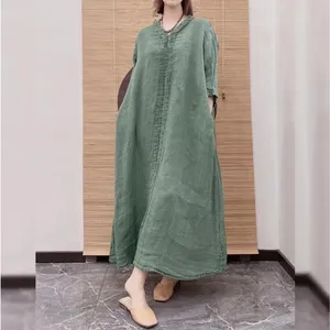 Robe longue en mélange de coton et de lin, style bohème chic, col rond, demi-manches, coupe ample et décontractée, tenue tendance pour femme - Product Image 2