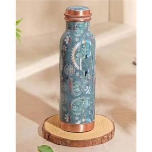 Pure Copper Water <b>Bottle</b> with Floral Paisley Print - Leakproof Ayurvedic Yoga <b>Flask</b> for Health Benefits & Artisanal Drinkware - Product Image 1