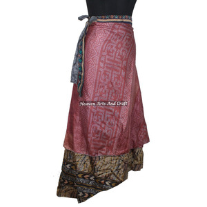 Vestido Vintage de Seda de 2 Capas Estilo Sari, Vestido Envolvente para la Playa, Ropa de Mujer, Sari de Seda Vintage, Falda Larga Envolvente de 2 Capas - Product Image 1