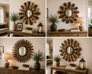 Handmade Rustic Farmhouse Bohemian Modern Rustic 4mm Thick Wooden Sunburst Decorative Wall <b>Mirror</b> for Living Room Bedroom Home - Product Image 5