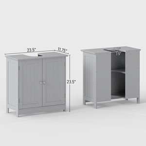 Mobile Bagno Grigio Chiaro in Legno Massello con Lavabo Integrato, 2 Ante, Specchio LED, Ripiano Regolabile, Installazione a Terra - Product Image 3