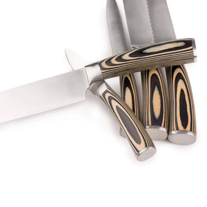 Ensemble de 5 couteaux, lames en acier inoxydable, manches en bois, bord dentelé, finition brossée, couteaux de cuisine ambidextres, tranchants - Product Image 3