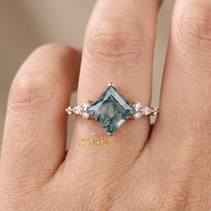 Anillo de Compromiso de Plata de Ley 925 con Ágata Musgosa Corte Princesa y Detalles de Diamantes, Anillo de Promesa de Ágata Musgosa Inspirado en la Naturaleza, Único B - Product Image 6