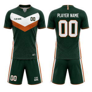 Ensemble de maillots de football personnalisés sublimés vert orange blanc col en V manches courtes évacuation de l'humidité 100% polyester homme adulte - Product Image 1