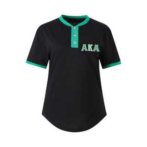 AKA เสื้อเชิ้ตเฮนลีย์สีดำสำหรับผู้หญิง ปักลายตัวอักษรกรีก กระดุมติดแบบติดกระดุม เสื้อลำลองระดับพรีเมียม ผ้าคุณภาพสูง สวมใส่สบาย - Product Image 1