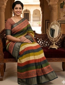 Sari de Seda Kanjivaram Estampado para Mujer KV (Multicolor) Reversible, Sin Arrugas, para Bodas de Otoño - Product Image 6