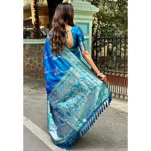 Sari Tejido Banarasi Jaal Azul de Elite Weaves, Seda Suave con Zari, Ropa India y Pakistaní - Product Image 3