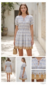 <b>Vintage</b> Breathable Mini <b>Dress</b> Embroidery Striped Pattern V-Neck Short Sleeve A-Line Natural Waist 100% Cotton <b>Summer</b> Casual - Product Image 4