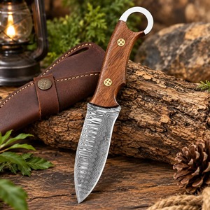 Cuchillo de caza de hoja fija de acero de Damasco hecho a mano, punta caída, mango de madera, DIY, 9 pulgadas de longitud total, OEM, multifuncional - Product Image 6