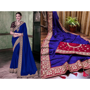 SAREE DE TRAVAIL EN DENTELLE BRODÉE EN SOIE À LA MODE AVEC BLOUSE INCOSÉE BLEU - Product Image 1