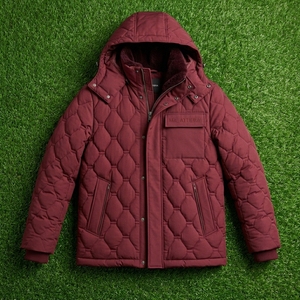 MAATTIERA Quilted Hooded <b>Jacket</b> Red Polyester <b>Fleece</b> Lining Windproof Winter Casual <b>Thick</b> Regular Fit Zipper Closure - Product Image 5