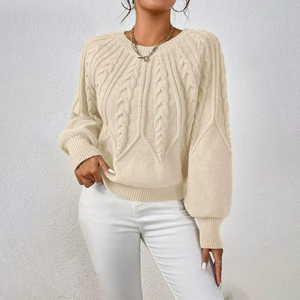 Suéter de Punto Trenzado de Color Sólido para Mujer, Cuello Redondo Vintage, Manga Larga, Puños Acanalados, para Atuendos Casuales Diarios - Product Image 3
