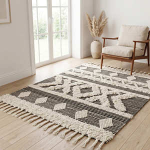 Tapis Bohème Géométrique Très Demandé, Tapis de Sol Bohème Tressé à la Main à Prix Abordable avec Franges, Tapis de Salon à Poils Moyens - Product Image 6