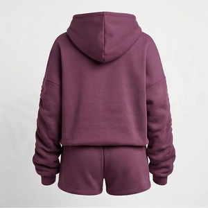 Conjunto de 2 piezas para mujer: Sudadera con capucha y pantalones cortos de forro polar de color liso, ajuste holgado informal, largo por encima de la rodilla, manga larga - Product Image 2
