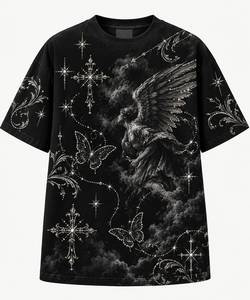 Custom Oversized Rhinestone Angel Graphic T <b>Shirt</b> <b>Men</b> Vintage Baroque Print Drop Shoulder Streetwear OEM Wholesale - Product Image 1