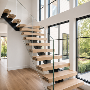 Barandilla moderna de vidrio para escaleras con estructura de metal negro y escalones de madera oscura para interiores de casas, villas y hoteles de lujo. - Product Image 1