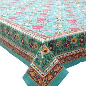 Flower Blossom Jade Gud Hand Block Printed Cotton <b>Tablecloth</b> 180x270cm Handmade Luxury Eco-friendly Designer Premium Dining Home - Product Image 1
