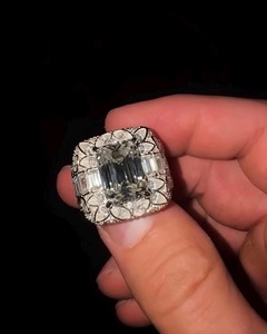 Iced Out <b>Emerald</b> Cut Diamond Statement <b>Ring</b> Wide Baguette & Pavé Diamond Band Vintage Art Deco Style <b>silver</b> Gift Platinum <b>rings</b> - Product Image 3