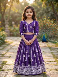 Shoryam Fashion Girls Purple Embroidered Lehenga Choli <b>Indian</b> Ethnic Floor-Length Crop <b>Top</b> Skirt Set Traditional Party Wedding - Product Image 1