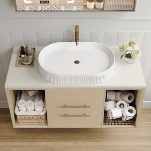 Mobile Bagno Moderno da Parete 99,75 cm con Lavabo Ovale in Ceramica, Mobile Sospeso in Legno Massello Multistrato con Cassetti a Chiusura Ammortizzata - Product Image 2