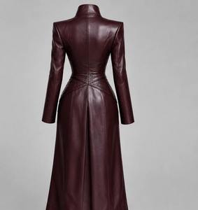 Robe longue en cuir rouge vin pour femme, col montant, boutonnée, manches longues, élégante - Product Image 3
