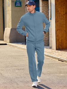 Ensemble de survêtement décontracté 2 pièces pour homme, bleu clair, hiver, avec fermeture éclair intégrale, col montant, couleur unie, respirant, en polyester - Product Image 4