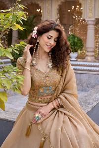 Gold Embroidered Lehenga Choli Silk Wedding Party Outfit V Neck Half Sleeve Floor Length <b>Dress</b> for Women - Product Image 2