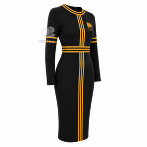 NCBW Women's <b>Black</b> <b>Long</b> <b>Sleeve</b> <b>Bodycon</b> Midi <b>Dress</b> With Golden Stripe Accents Crew Neck Plus Size Slim Fit Casual <b>Dress</b> - Product Image 2