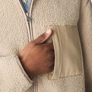 Ecru Neutral Borg Full Zip Up <b>Fleece</b> Jacket Soft <b>Sherpa</b> Pile Warm Casual Outdoor Layer with Corduroy Chest Pocket for <b>Men</b> Winter - Product Image 5