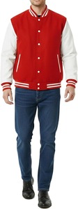 Men's <b>Red</b> Varsity <b>Jacket</b> Solid Color Button Closure Turn-down Collar Preppy Style Autumn Wear Regular Fit Cotton Lining - Product Image 4