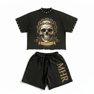 Conjunto de Dos Piezas Unisex Estilo Urbano, Camiseta Negra de Algodón con Estampado de Calavera y Pantalones Cortos con Logotipo MHR, Atuendo Casual de Verano - Product Image 4
